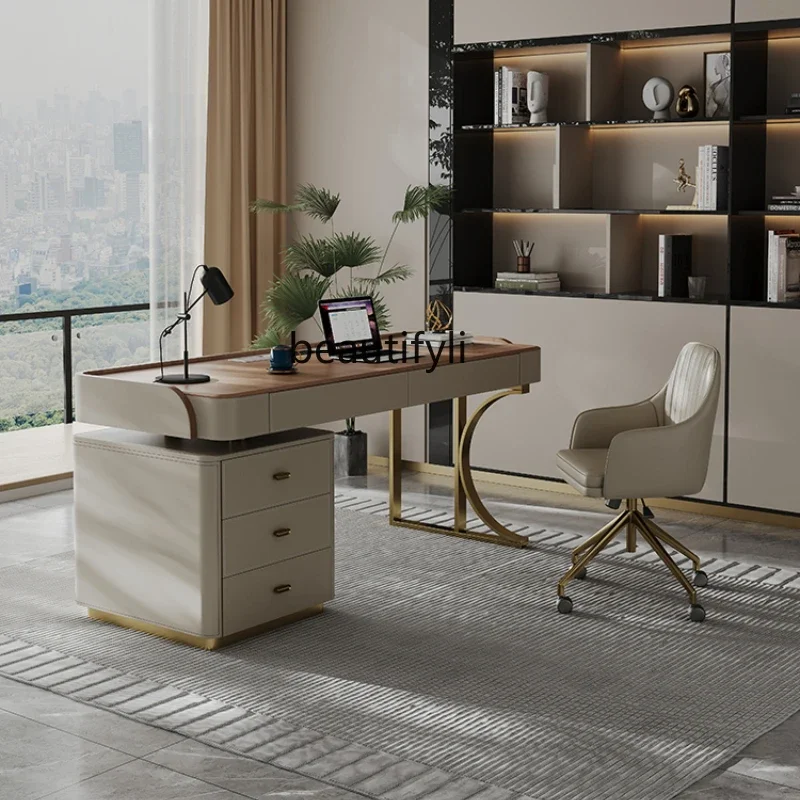 

Saddle leather in the ancient style light luxury solid wood study computer desk boss writing desk living room study table