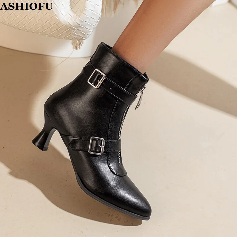 

ASHIOFU Handmade New Arrival Womens Midheel Ankle Boots Buckle Strap Zipper Four Colors Party Booties Evening Fashion Sexy Shoes