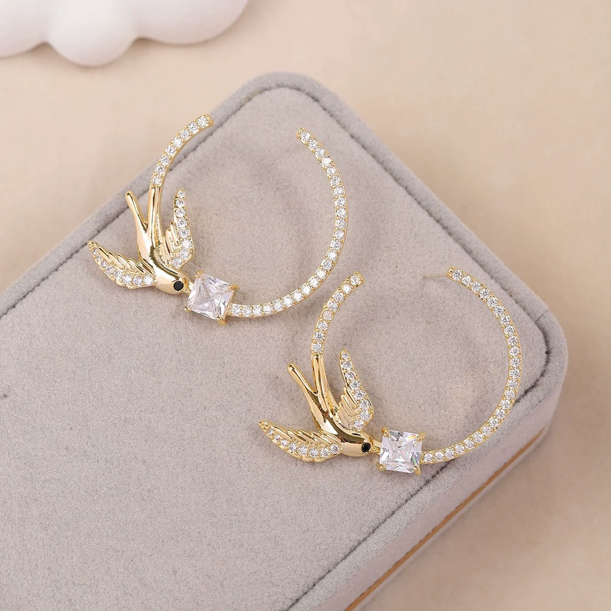 

925 Silver Needle Swallow Shaped CZ Hoop Earrings, Gold-Tone Statement Jewelry for Women Party Daily Wear