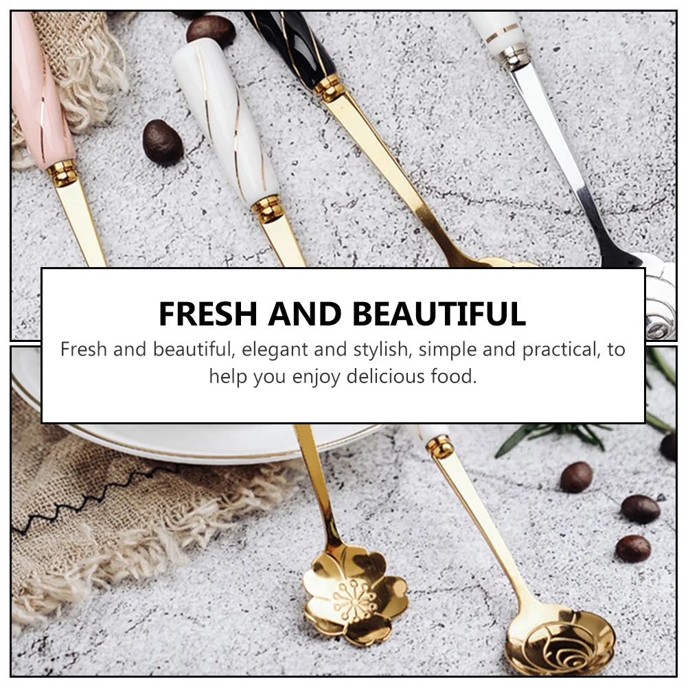 

4 Pcs Silverware Ceramic Handle Spoon Baby Shaped Stainless Steel Coffee Dessert