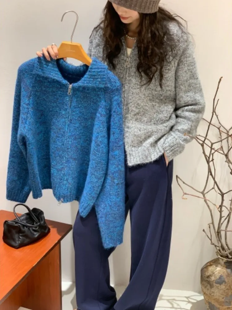 

Feita Vintage Wool Blend Knitwear Casual Loose Warm Double Zipper Casual Sle Long Sve Sweater Outerwear Floral Pattern