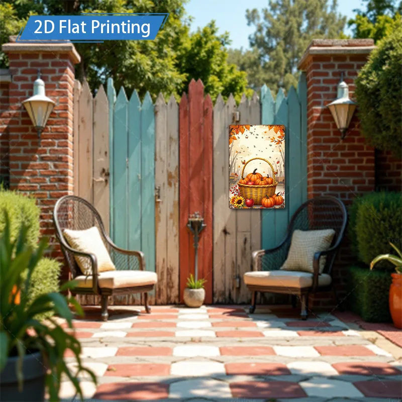 [2D FLAT] 1 قطعة علامة معدنية ، 8x8 بوصة سلة حصاد الخريف اليقطين التفاح عباد الشمس 2D طباعة مسطحة معدنية جدار ديكور فني