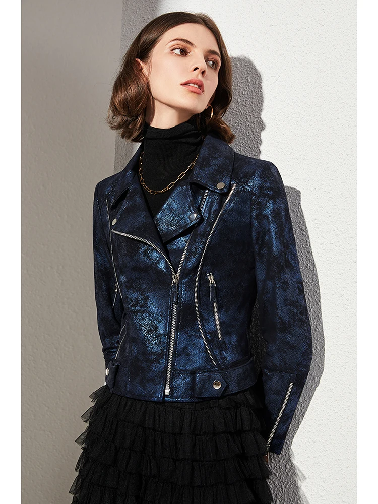 Light Luxury and High-end Feeling, Starry Sky Blue Pearl Sheepskin Slim Short Motorcycle Genuine Leather Jacket for Women