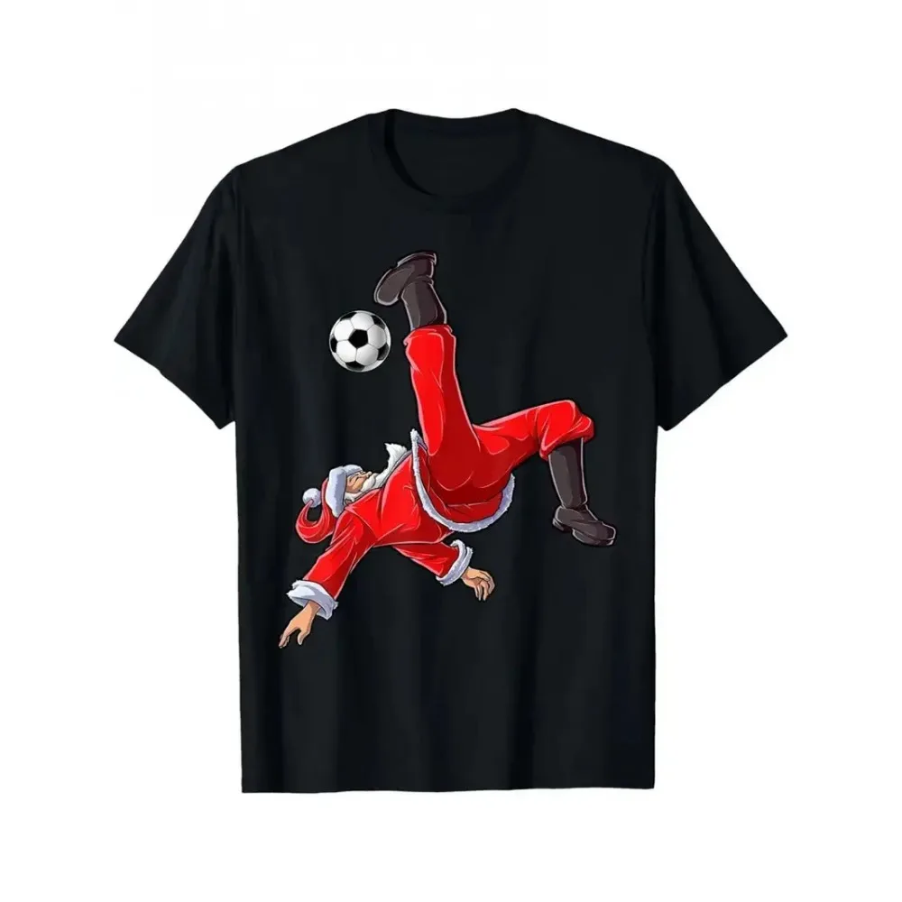 

Boys' Santa Claus Soccer Action Print T-Shirt - Lightweight Breathable Cotton Summer Tee with Red & Striped Pants & Soccer Desig