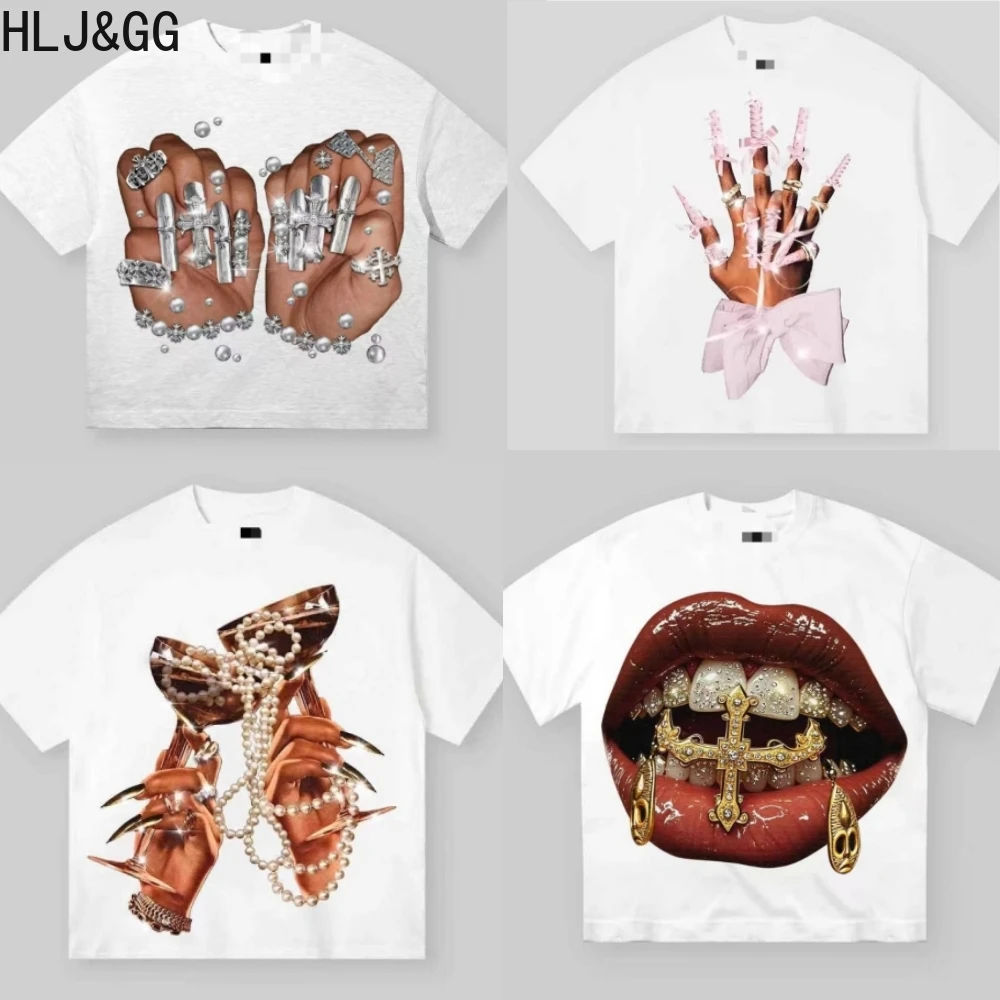 

HLJ &GG белые летние новые узорные футболки с принтом, женские футболки с круглым вырезом и короткими рукавами, трендовые стильные топы, модный дизайн, уличная одежда 2025