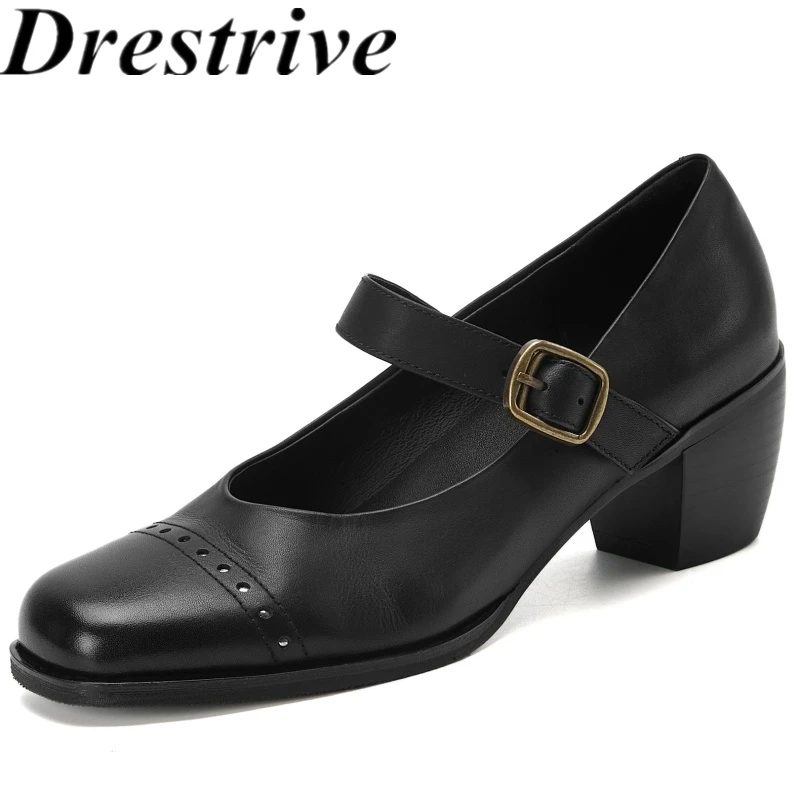 Drestrive 2025 Classic Top Quality Mary Janes Washed Cowhide Square Toe Buckle Thick Mid Heels Women's Pumps Autumn Shoes