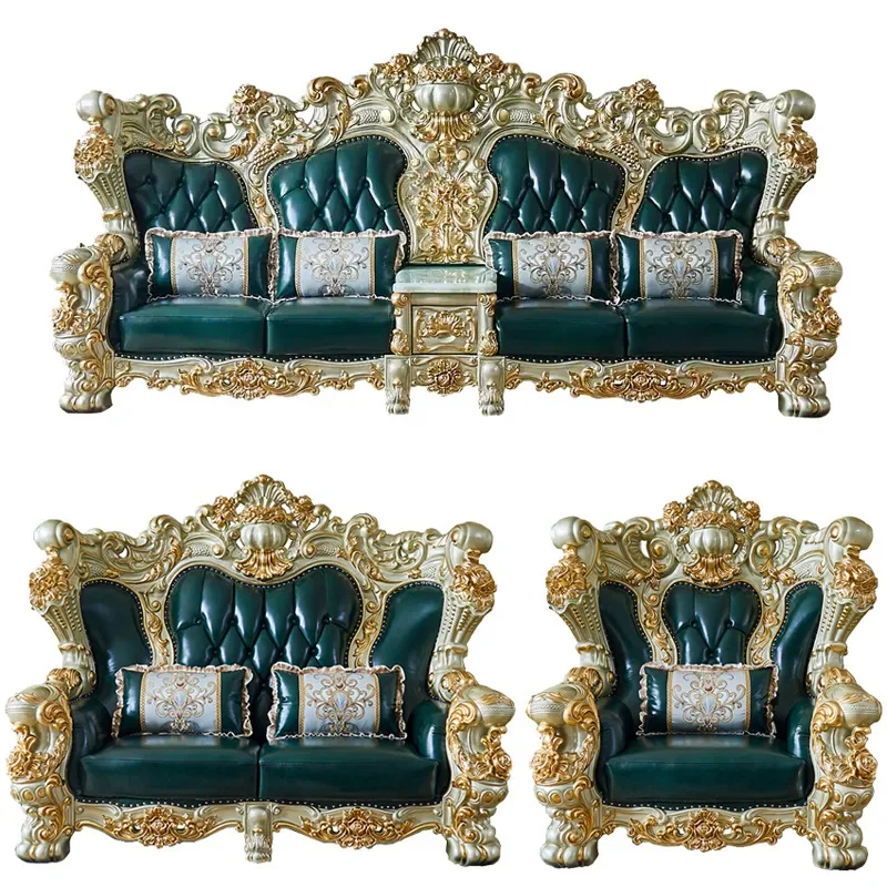 

Leather sofa combination solid wood double-sided engraved European style