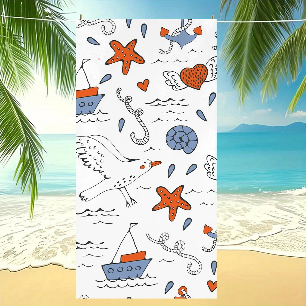 Cartoon Seagull Nautical Beach Towel Quick Dry Microfiber Sand Free Bath Towel Oversized Absorbent Swimming Towel for Summer