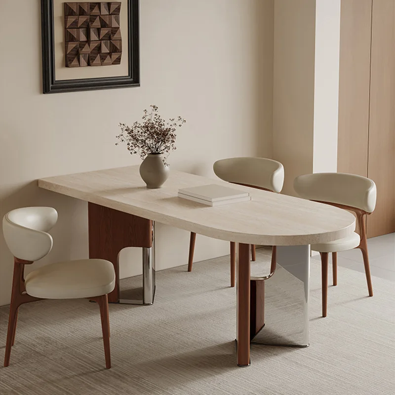 

French antique high-end retro island small apartment against the wall island matte travertine rock slab dining table