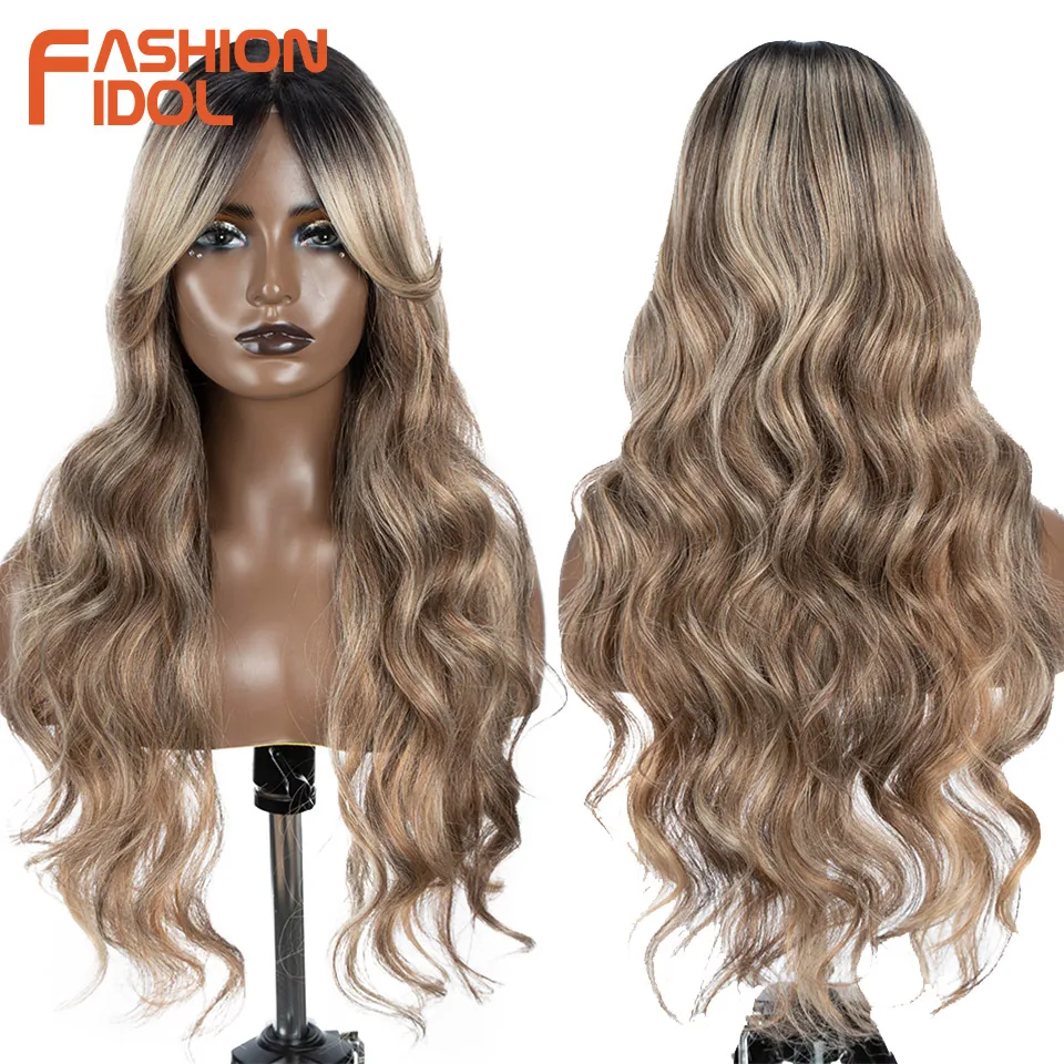 Wig sintetis FASHION IDOL Deep Wave untuk WANITA HITAM Ombre pirang 28 inci Wig Cosplay renda berombak air serat tahan panas