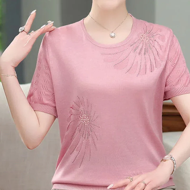 

Simplicity Summer Women's Round Neck Solid Diamonds Ice Silk Hollow Out Korean Fashion Loose Short Sleeve Knitting T-Shirts Tops