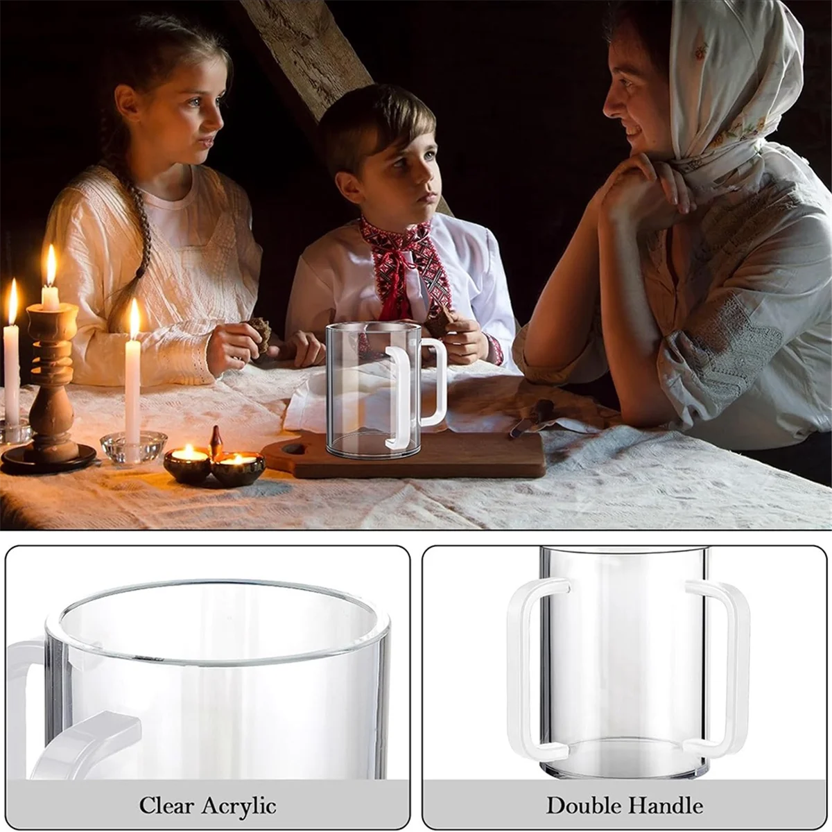 B66C Hand Washing Cup with Dual Handles Acrylic Washing Cup for Netilat YadayimNegel Vasser Wash Cup Handles for Jewish White