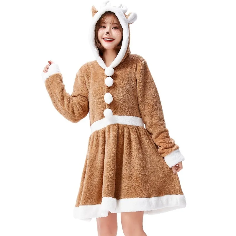 Costume de Cosplay d'élan mignon de noël, robe kaki avec autocollant d'élan, couvre-chef, chaussettes, Costume pour femmes, tenues de jeu de rôle de fête de noël