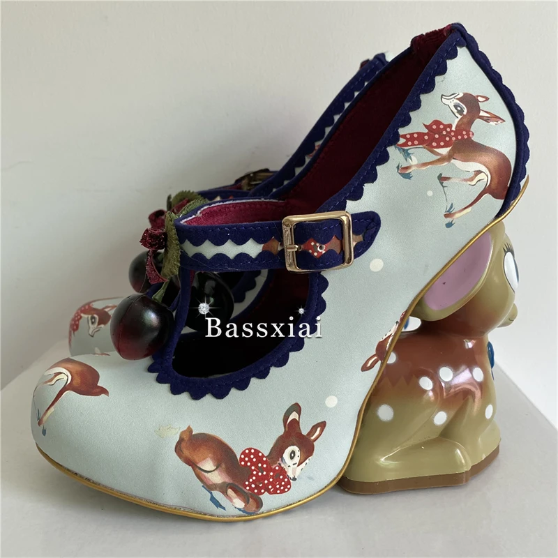 Women's Deer Heel Pumps with Buckle Belt - Round Toe Party Shoes
