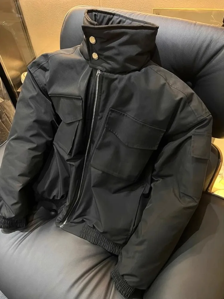 

Утепленная хлопковая рабочая куртка-бомбер, короткая, с наполнителем из хлопка, с воротником-стойкой, дизайнерский силуэт, зимняя молодежная мода