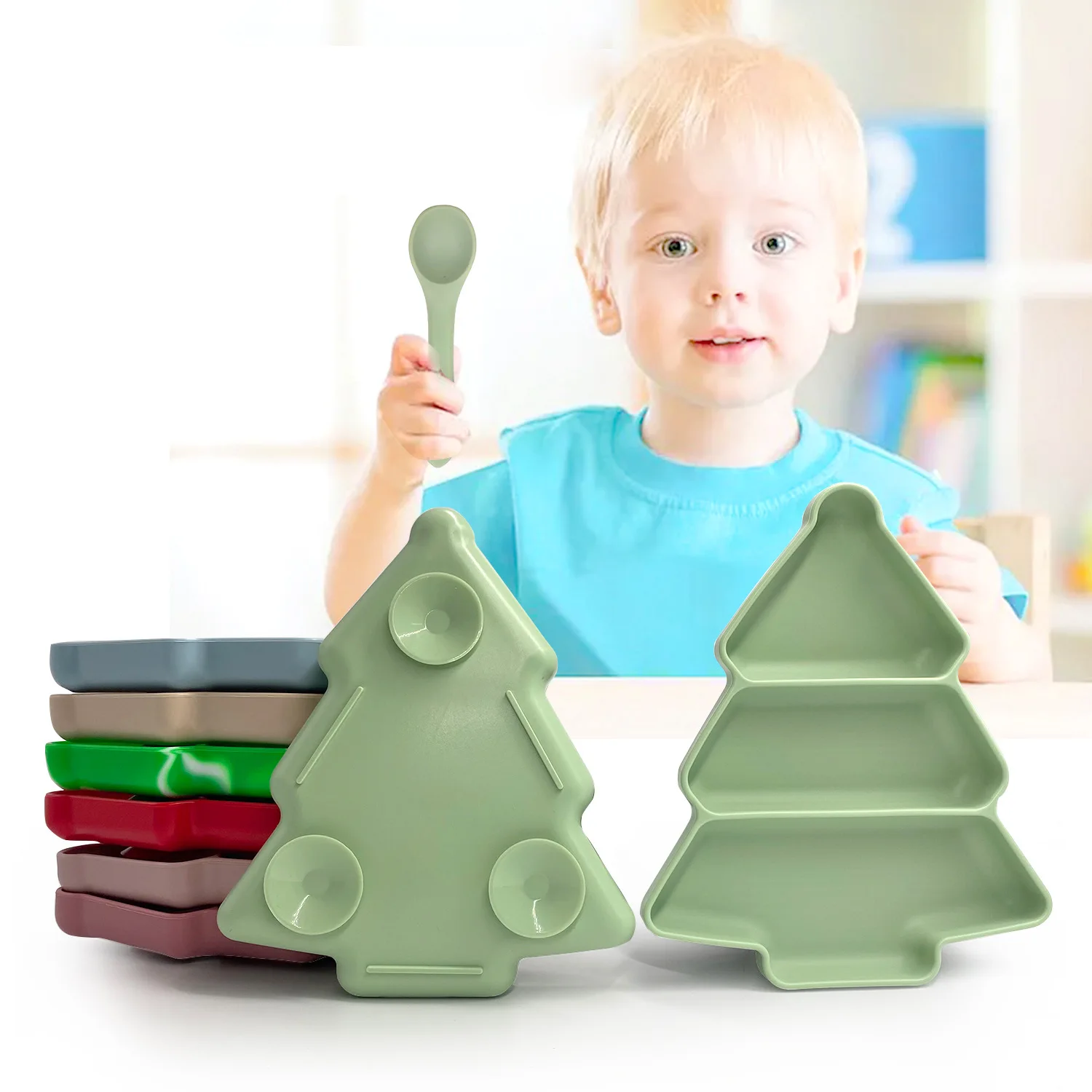 Toddler Christmas Tree Shape Suction Plates Non-Slip Suction Cup Toddler Plates Fun Way to Enjoy Food Without the Mess