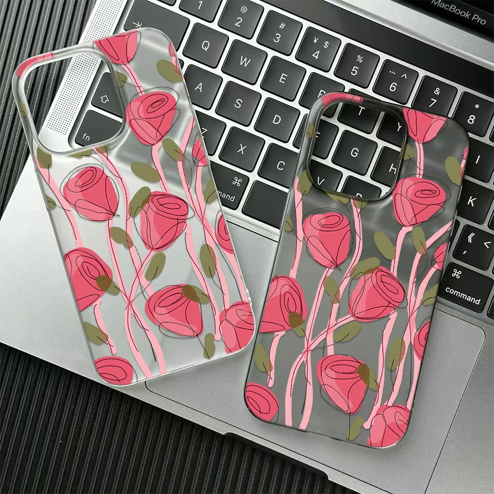 Coque de téléphone en plastique rigide pour femmes, style romantique et tendance avec motif de tulipes roses, compatible avec iPhone 17, 12, 14, 15, 16, 15 Plus, 17 Air, 14 Pro.