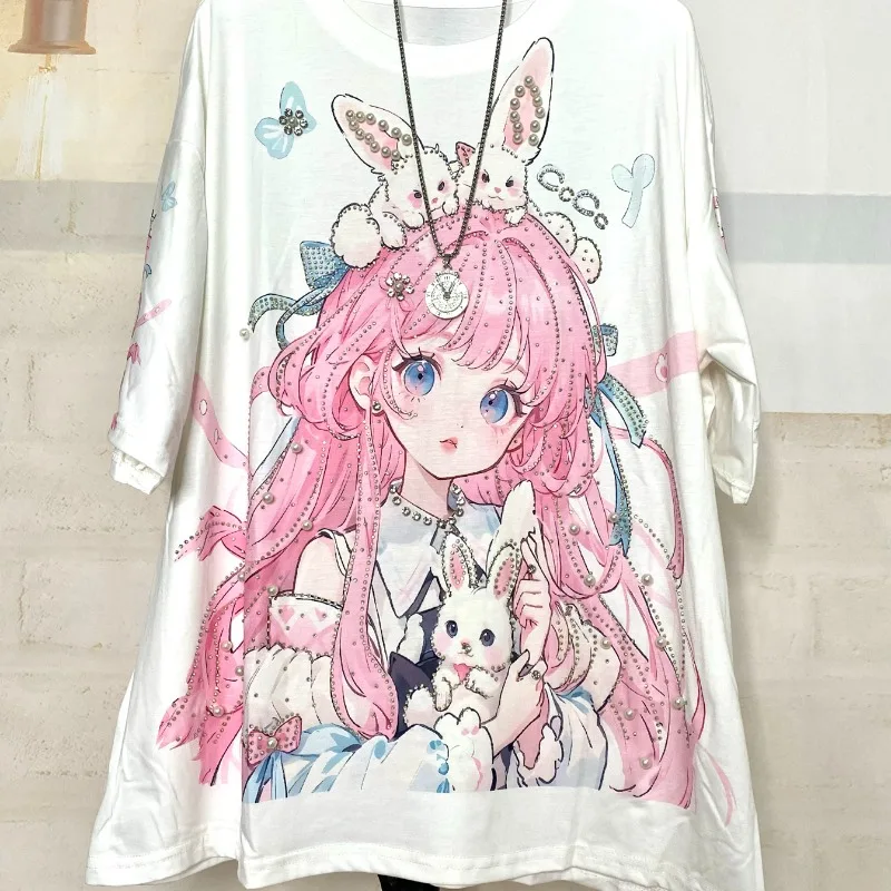 Summer New Heavy Industry Beads Cartoon Rabbit Girl Printed Loose Short Sleeves Tshirt Female Versatile Slimming Top Y2k Clothes