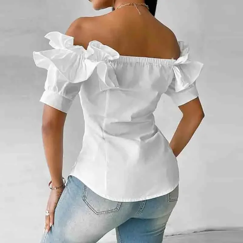 Chemisier d'été pour femmes, asymétrique épaule dénudée, chemise blanche, hauts Vintage, blanc, solide, élégant, boutons, pour femmes