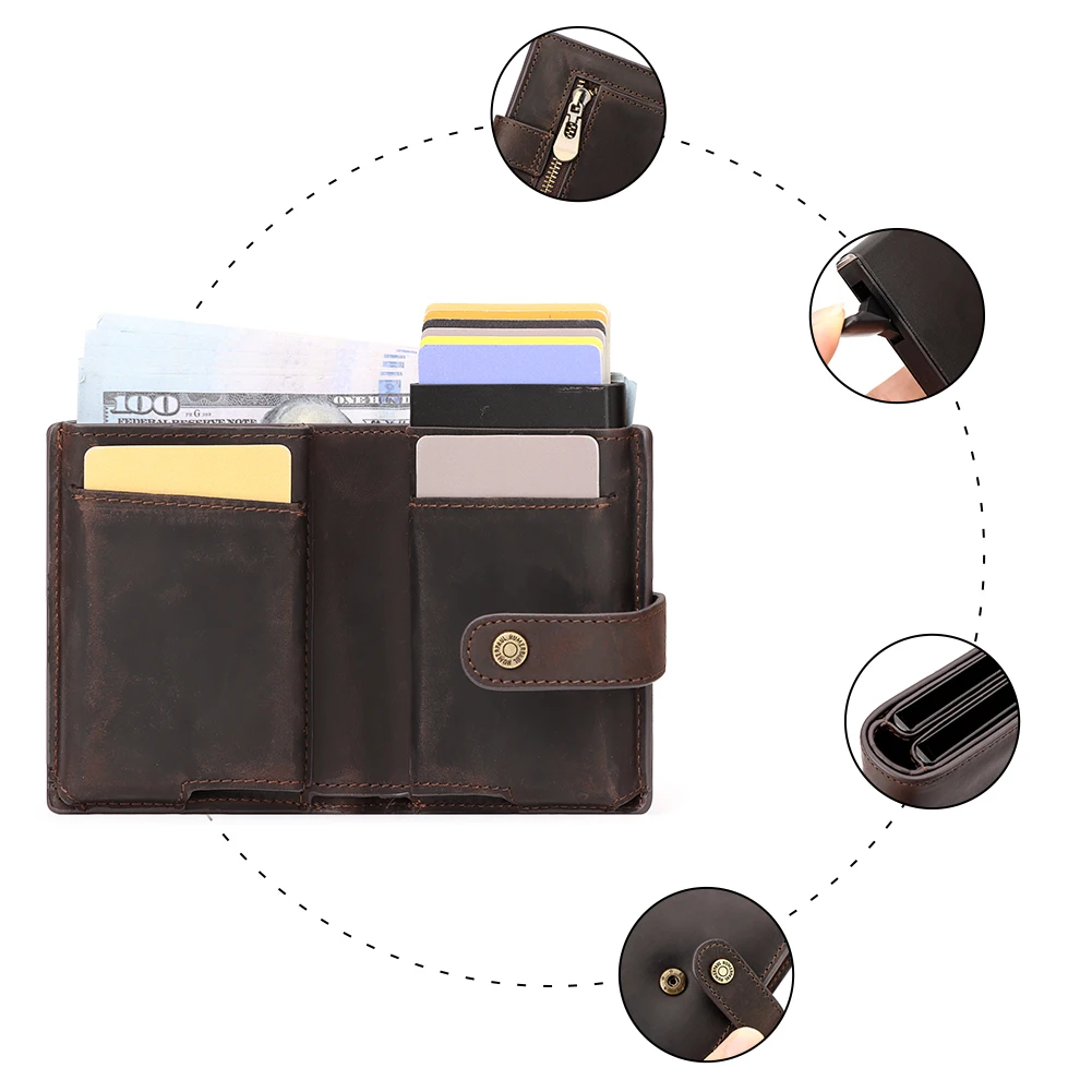 Crazy Horse Leather RFID Credit Card Holder Mens Double Anti Rfid Bank Cardholder Case Wallet Metal Business Minimalist Purse