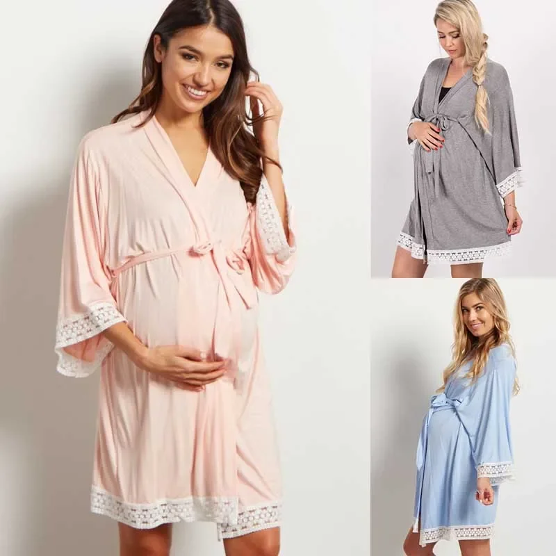 Summer Fashion Soft Sleepwear Wear Seven-Quarter Sleeve Frenulum Solid Color Maternity Lace Clothes Nursing Pajamas Dress