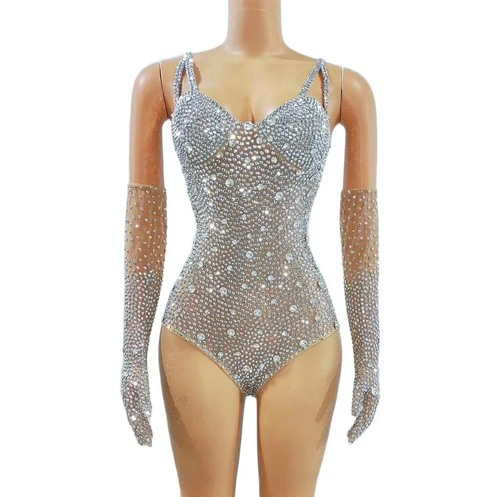 

Rhinestones Pants Birthday Celebrate Leotard Outfit Photography Costumes Sexy Stage Shining Full Silver Stones Gloves Bodysuit