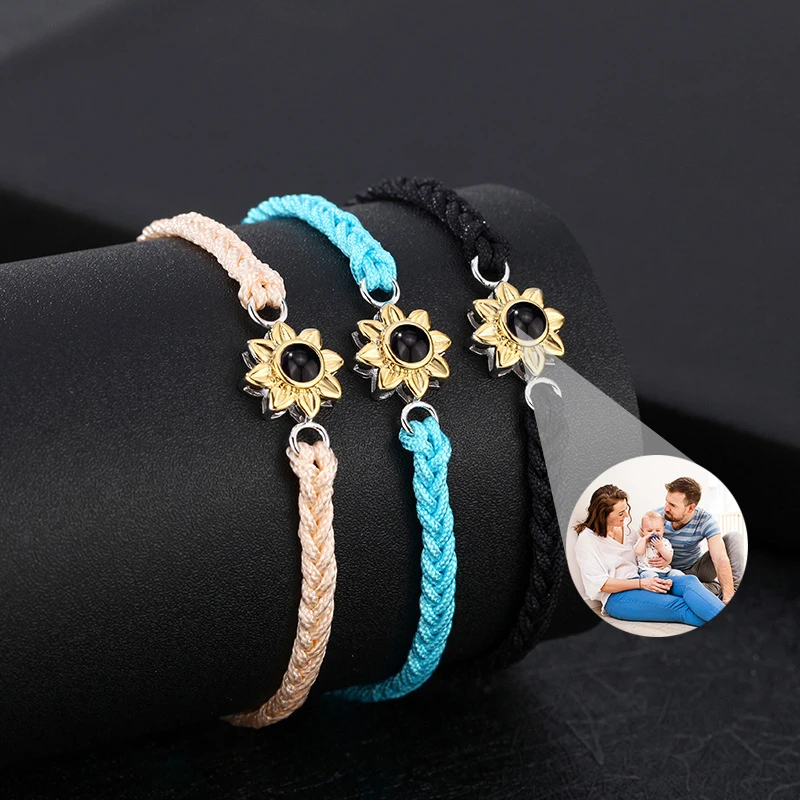 Gepersonaliseerde Zonnebloem Armbanden Met Foto Aangepaste Foto Armband Projectie Foto Armbanden Gevlochten Touw Foto Armband