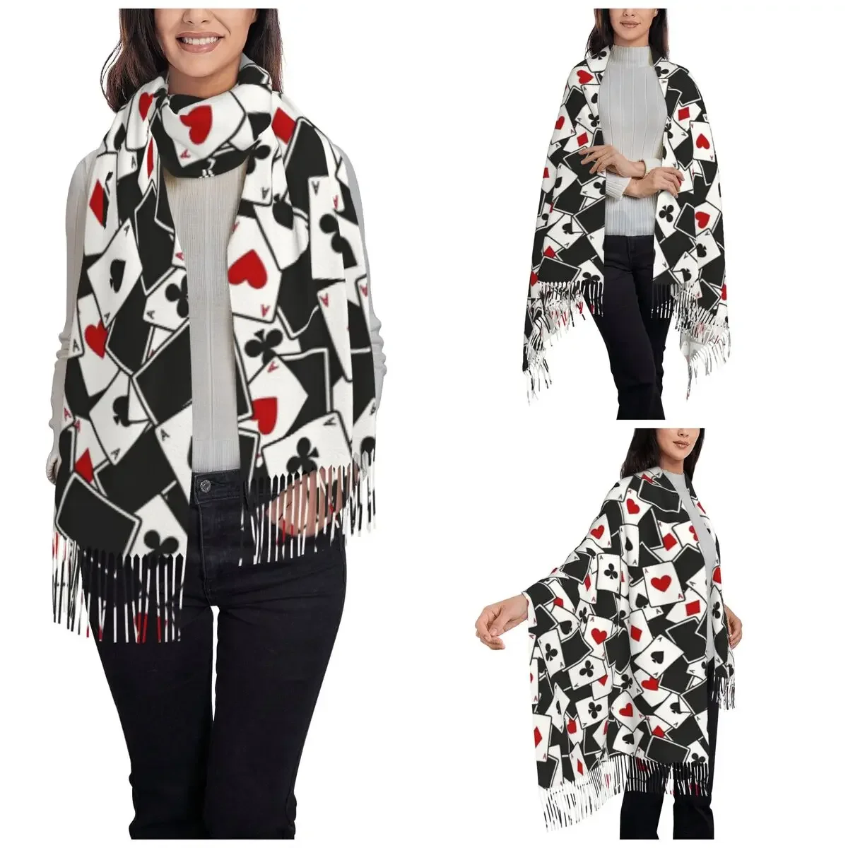 Womens Tassel Scarf Card Suits Poker Art Aesthetics Large Winter Fall Shawl and Wrap Daily Wear Cashmere Scarf