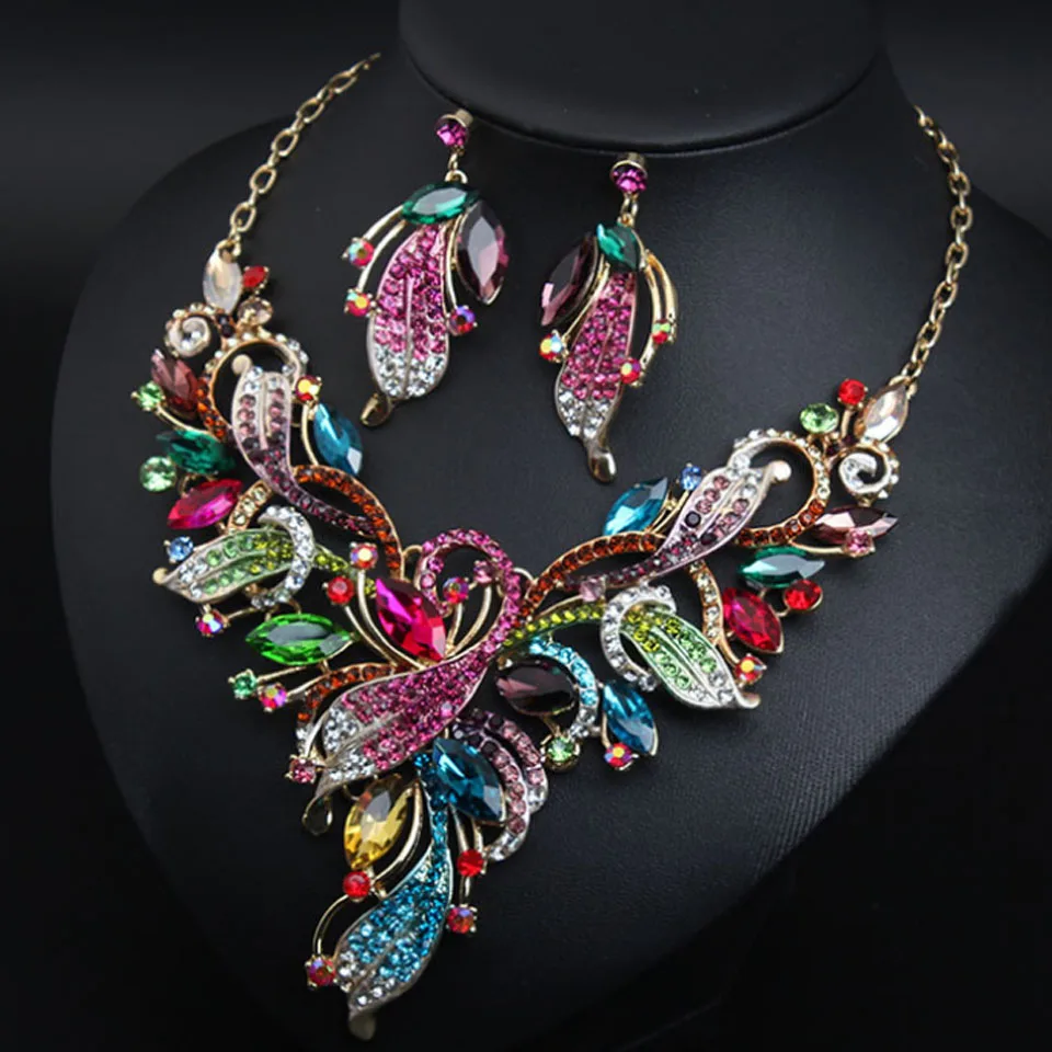 Zlxgirl Colorful Rhinestone Crystal women\'s wedding necklace earring jewelry set Mixed Color Enamel neclace and Ears party gift