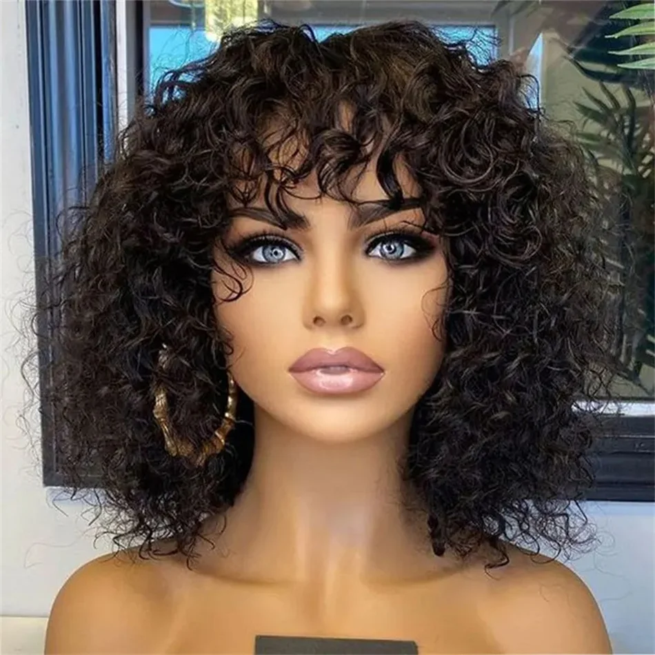 Water Wave Human Hair Wigs with Bang Machine Made Bob Wig Brazilian Glueless Curly Fringe Wigs for Women Perruque Cheveux Humain