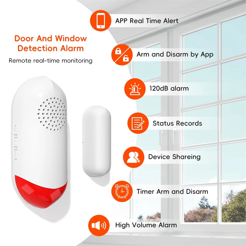 TUYA WIFI المنزل الذكي 100 ديسيبل إنذار الباب والنافذة الاستشعار إنذار المغناطيسي إنذار الأمن صفارة الإنذار فلاش مصباح