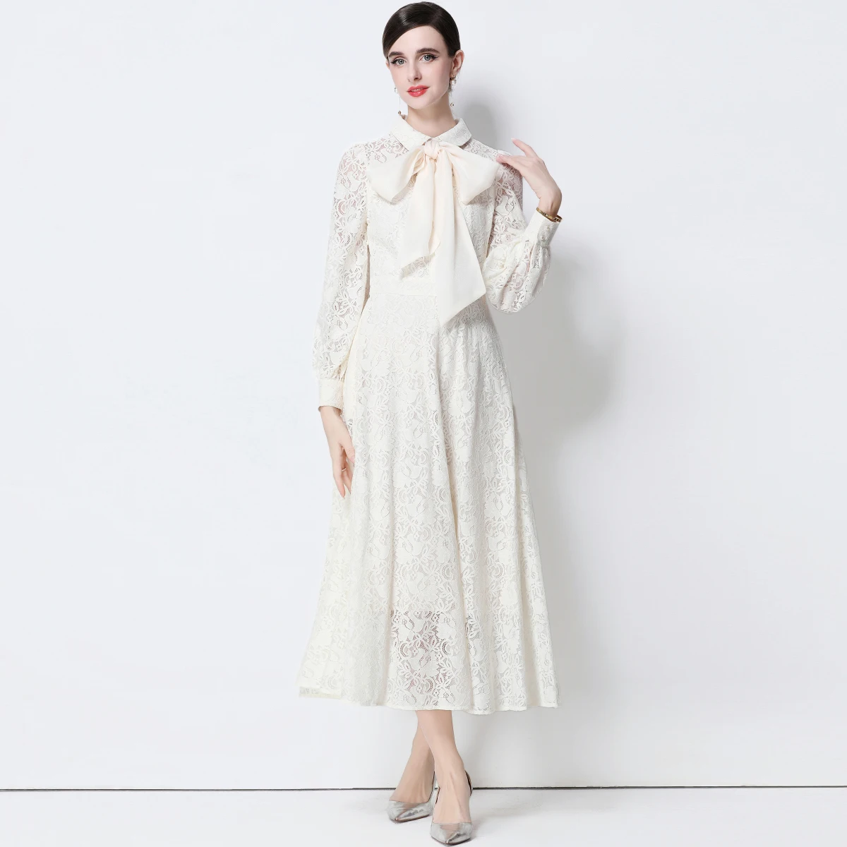 Vestido de fiesta bordado de encaje Vintage para mujer, vestido largo ajustado elegante de manga larga con cuello de lazo, ropa femenina de otoño