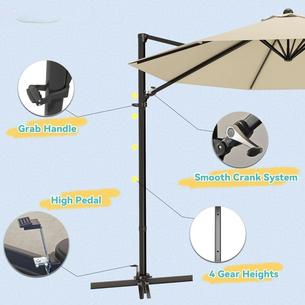 10FT Outdoor Patio Umbrella with 4 Gear Heights, Large Offset Market Umbrella with 360-degree Rotation, Hanging Outdoor Shade