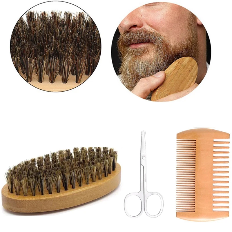 Wild Boar Mane Wood Beard Brush Set, Professional Soft Barber Shaving Brush Comb Set, Men's Mustard Comb