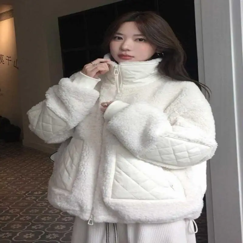 Women's Short Cotton Padded Jacket Autumn Winter Korean Style Patchwork Coat Women Warm Grid 2025 New Model Keep Warm Fashion