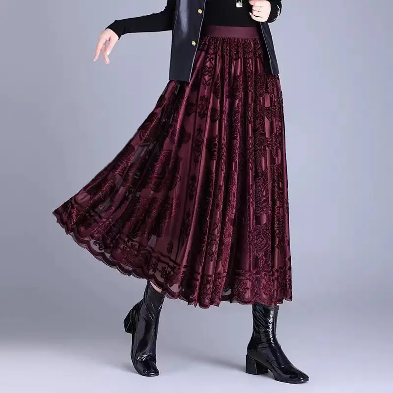 2027 High End Mesh Flocking Velvet Large Swing Skirts Spring Autumn Summer Stretch High Waist Long Skirt Elegant Pleated Skirts