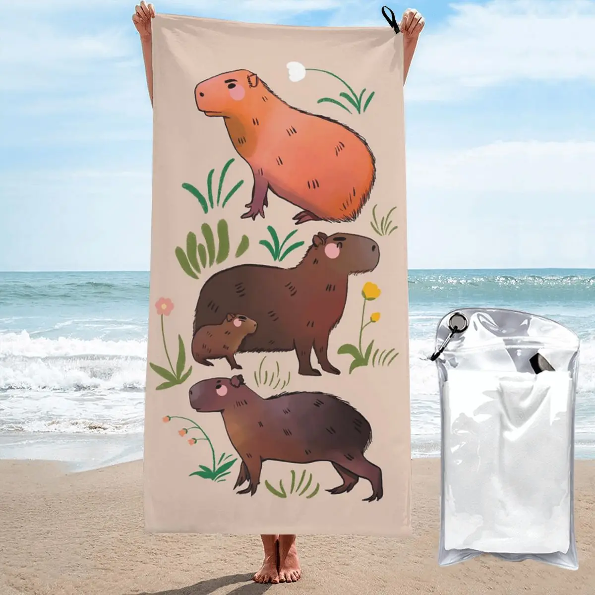 

Capybara - Cute Green And Brown Animal Illustration Beach Towel Soft Microfiber Quick Dry Absorbent Quick Towels For Swimming