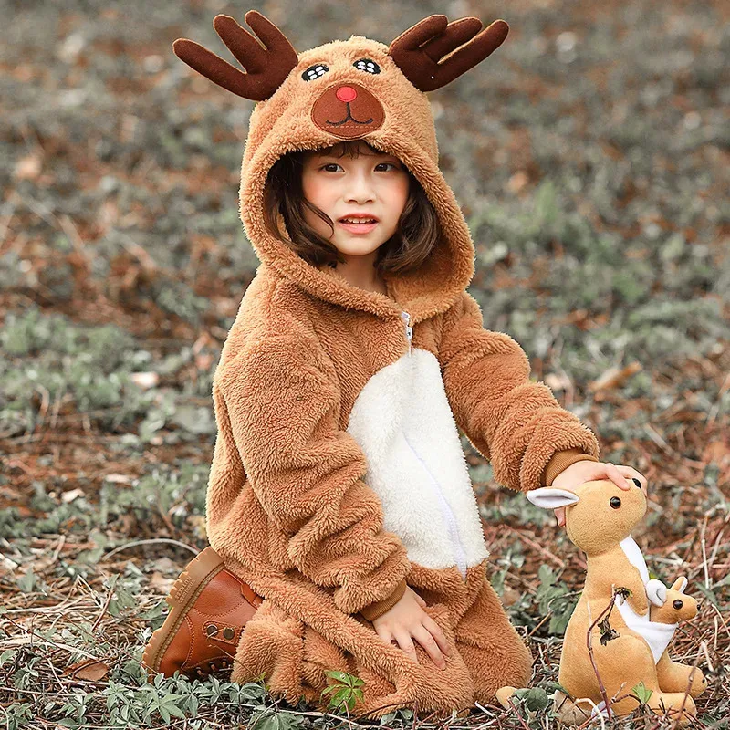 

Kids Boys Girls Christmas Reindeer Jumpsuits Cosplay Animal Suit Elk Costume Hooded Deer Clothing Pajamas Performance Costumes