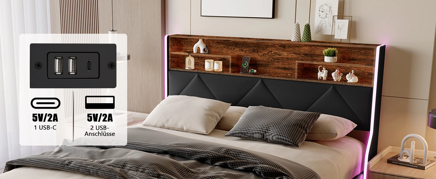 Comanlai Gepolstertes Doppelbett mit LED und USB, Jugendbett mit 4 Schubladen, Funktionaler Bettrahmen mit Stauraum im Kopfteil, Leinen – Detail 7
