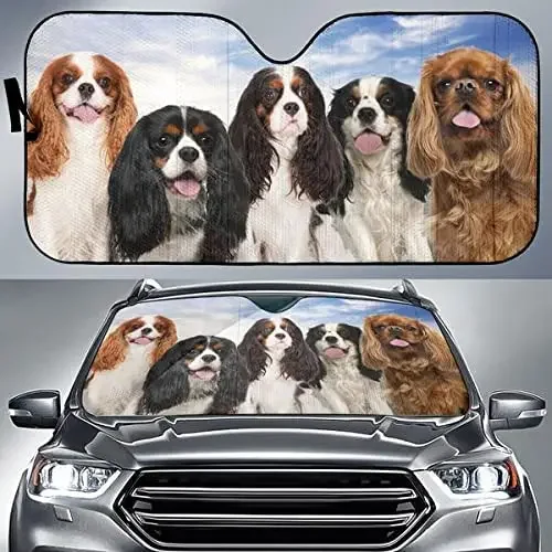 Funny Cavalier King Charles Spaniels Family Blue Sky Pattern Car Sunshade, Cute Cavalier King Charles Spaniels Dogs Friends Blue