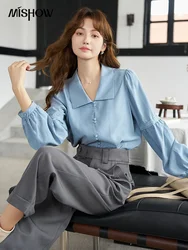 MISHOW Shirt for Women 2024 Autumn French Bubble Sleeve Vintage Top Single Breasted Polo Neck Lantern Sleeve Shirts MXC42C0081