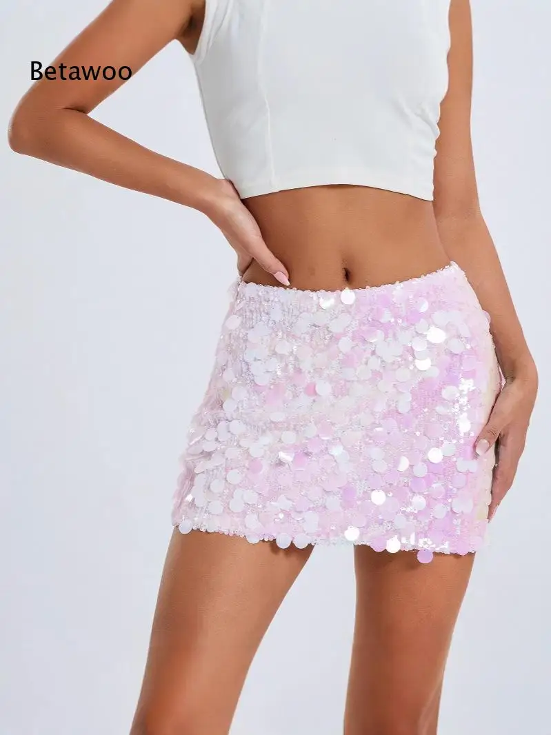 Women Iridescent Mixed Size Sequin Mini Skirt High Waist Slim Bodycon Short Skirt Club Night Party Sparkly Micro Skirt