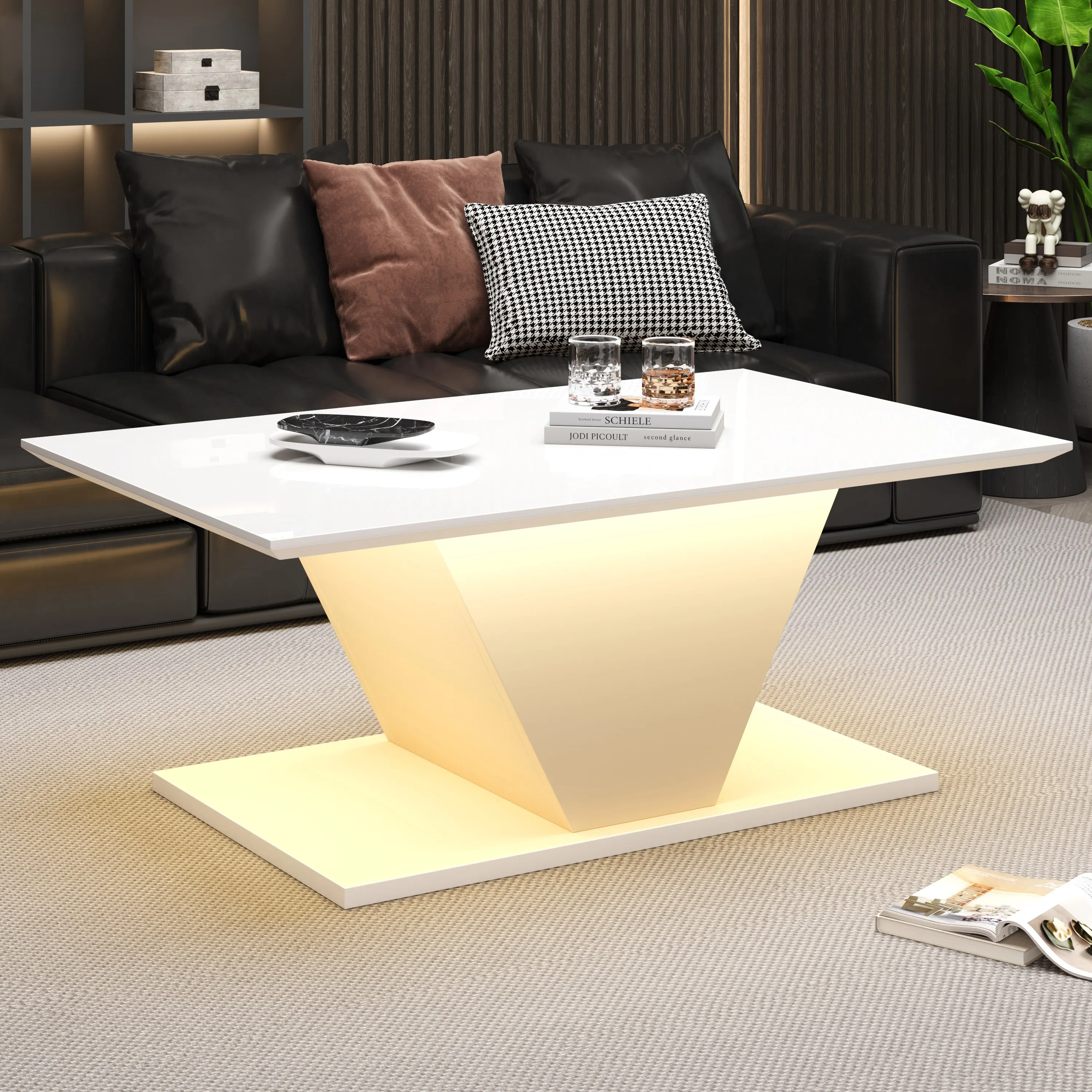 Mesa de centro KOMHTOM de alto brillo en blanco, con una forma en V llamativa y un atractivo iluminación LED, diseño moderno.