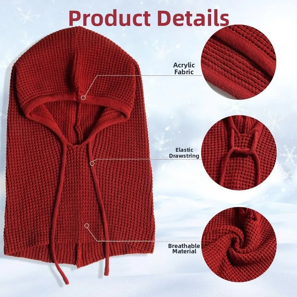 One-Piece Design Knitted Balaclava Hat Thick Knit Dual-Purpose Neck Warmer Hat Drawstring Closure Fashion Collar Hooded Beanie
