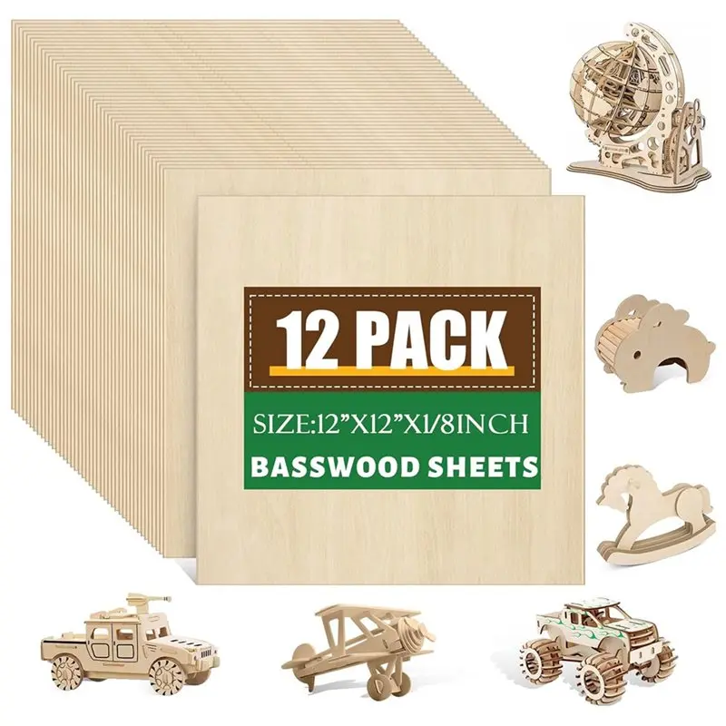 

A74E-Unfinished For-For Cutting, Engraving& Burning Basswood Sheets 1/8 X 12 X 12 Inch- 12 Pack For Crafts Wood