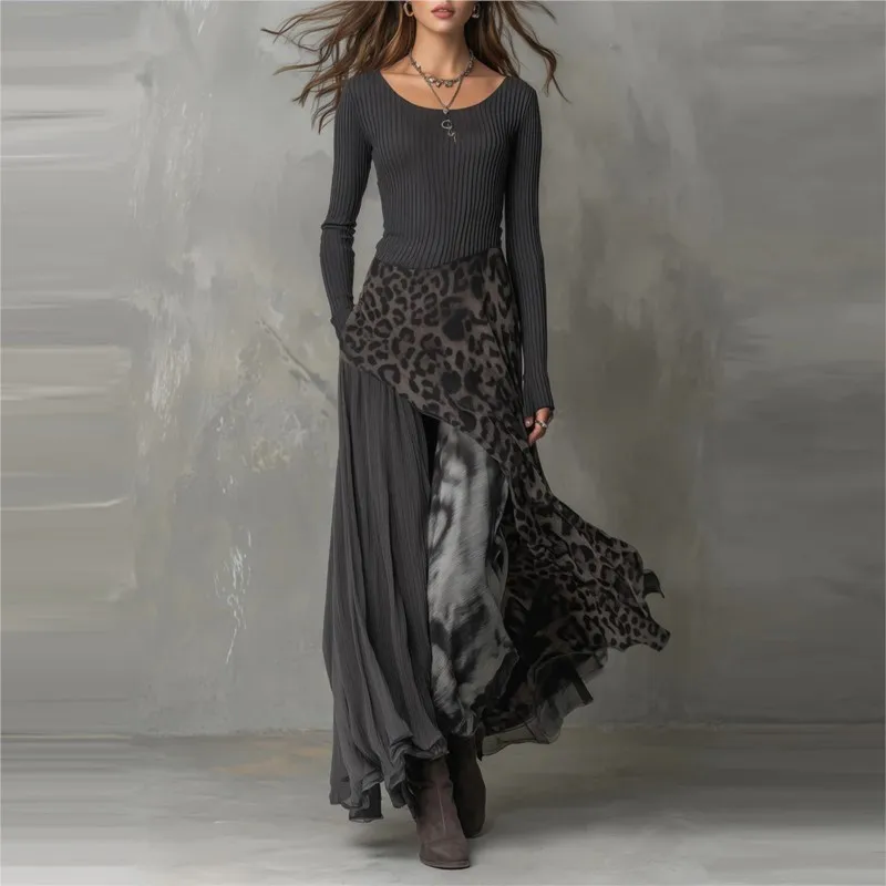 

Новое женское повседневное платье с леопардовым принтом, приталенное, с круглым вырезом, асимметричное, с длинными рукавами, для комфортной носки