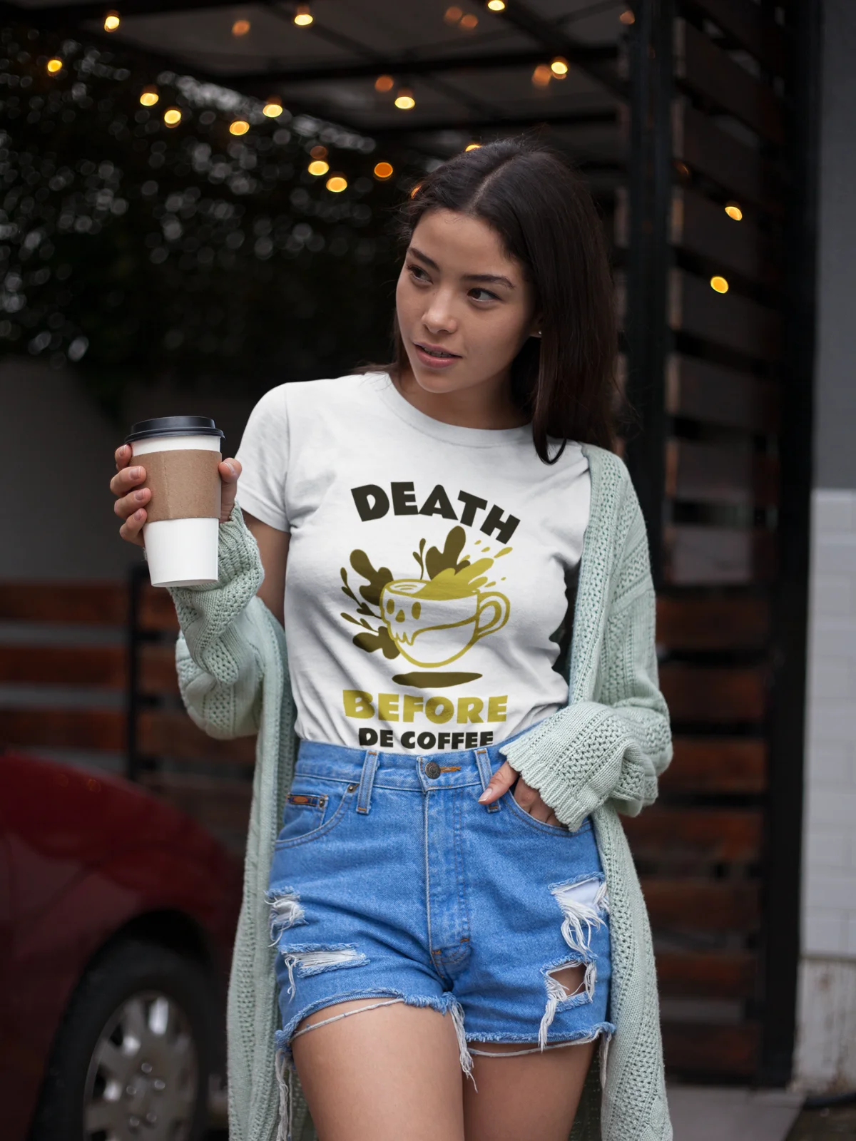 Organic Cotton Women's Oversize Coffee T-Shirt Saying: Death Before De Coffee-