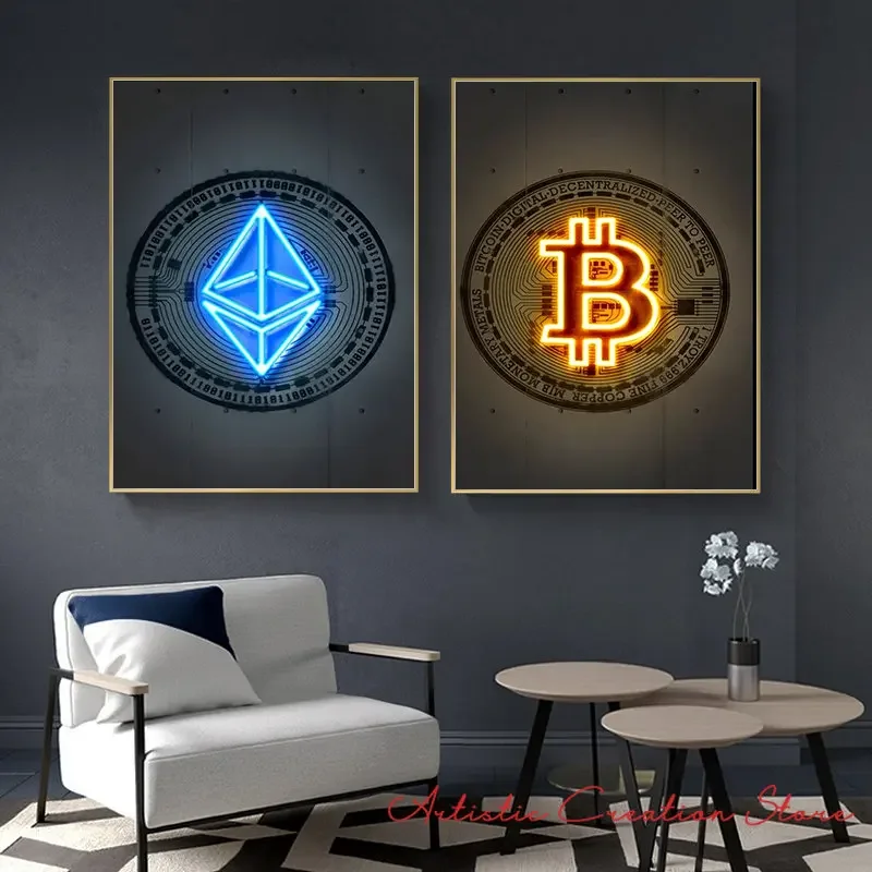 Bitcoin Art Posters Cryptocurrency Logo Framed Canvas Print Bitcoin Ethereum Ripple Litecoin Graphic Wall Pictures Home Decor