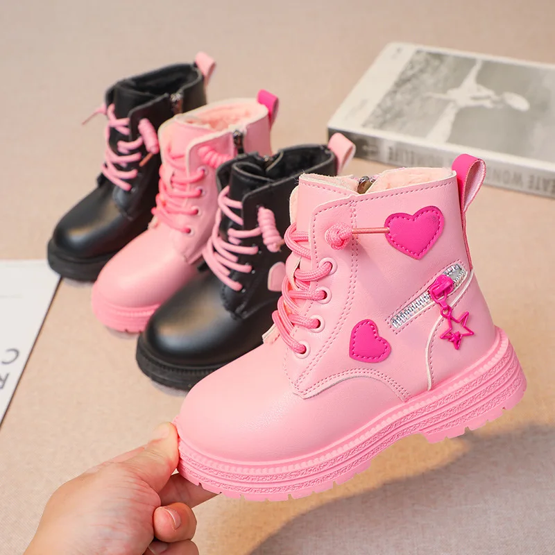 Girls Boots Kids Fashion Rubber Boots Cool Girl Autumn Winter New Cotton Soft Sole Pink Heart Side Zip Round Toe Princess Shoes