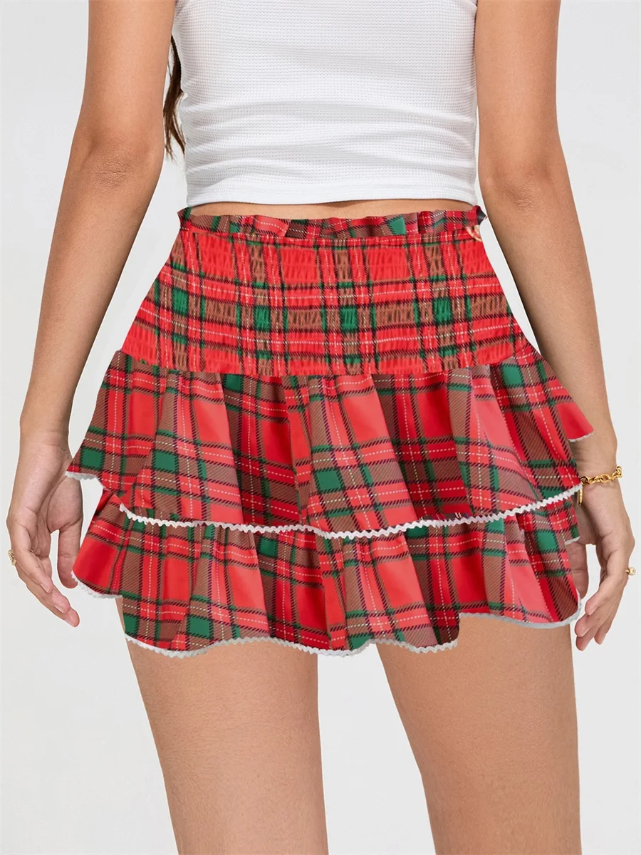 Women Mini Skirt, Low Waist Layered Skirt Summer Plaid Skirt Streetwear for Casual Daily